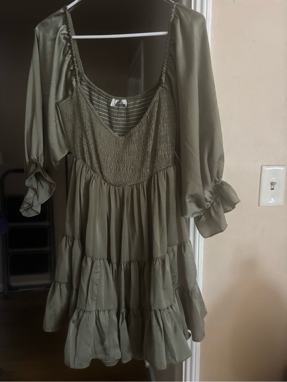Smocked Tiered Olive Green Babydoll Dress